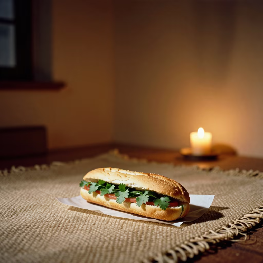 Banh Mi Sandwich with Cilantro on Albaicin Blanket in on a picnic blanket in Albaicin, Granada