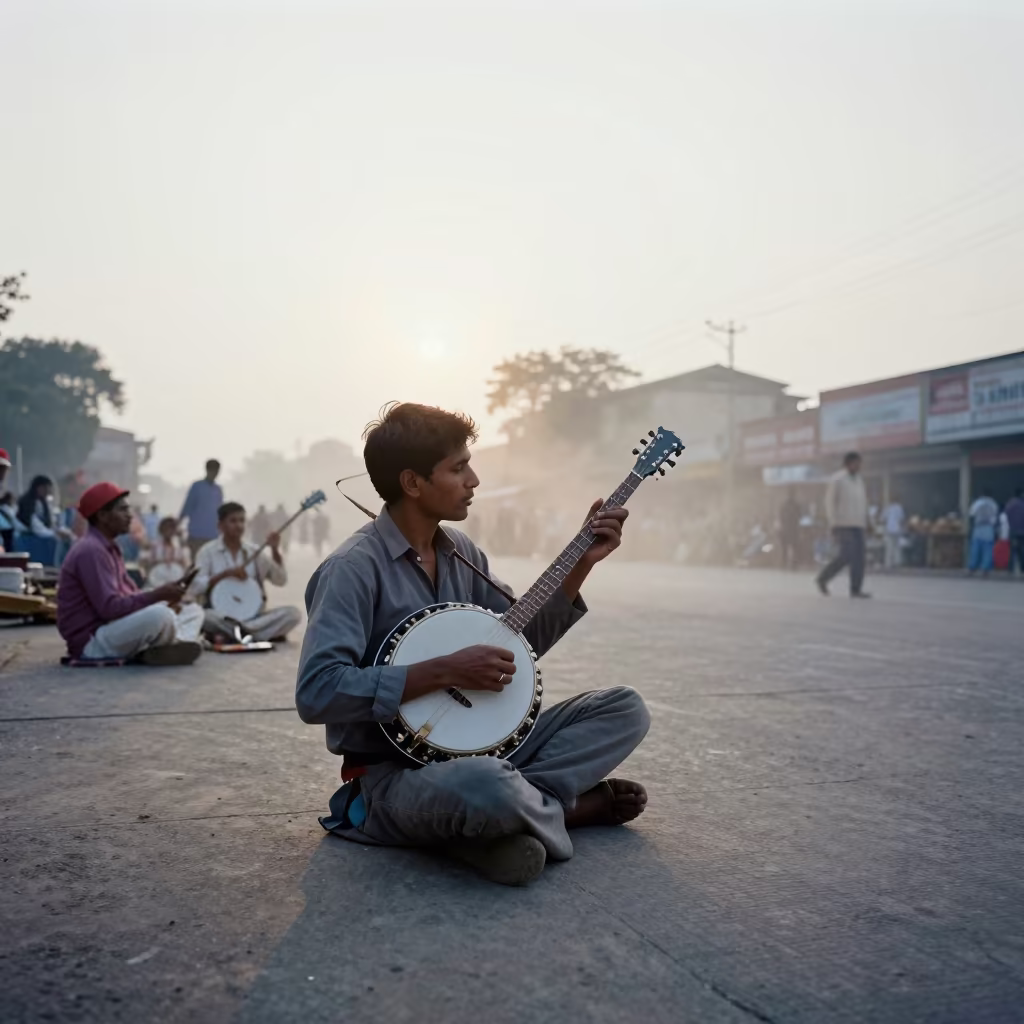 Banjo Picker on Guwahati Street at Dawn in at a street corner busking spot in Guwahati