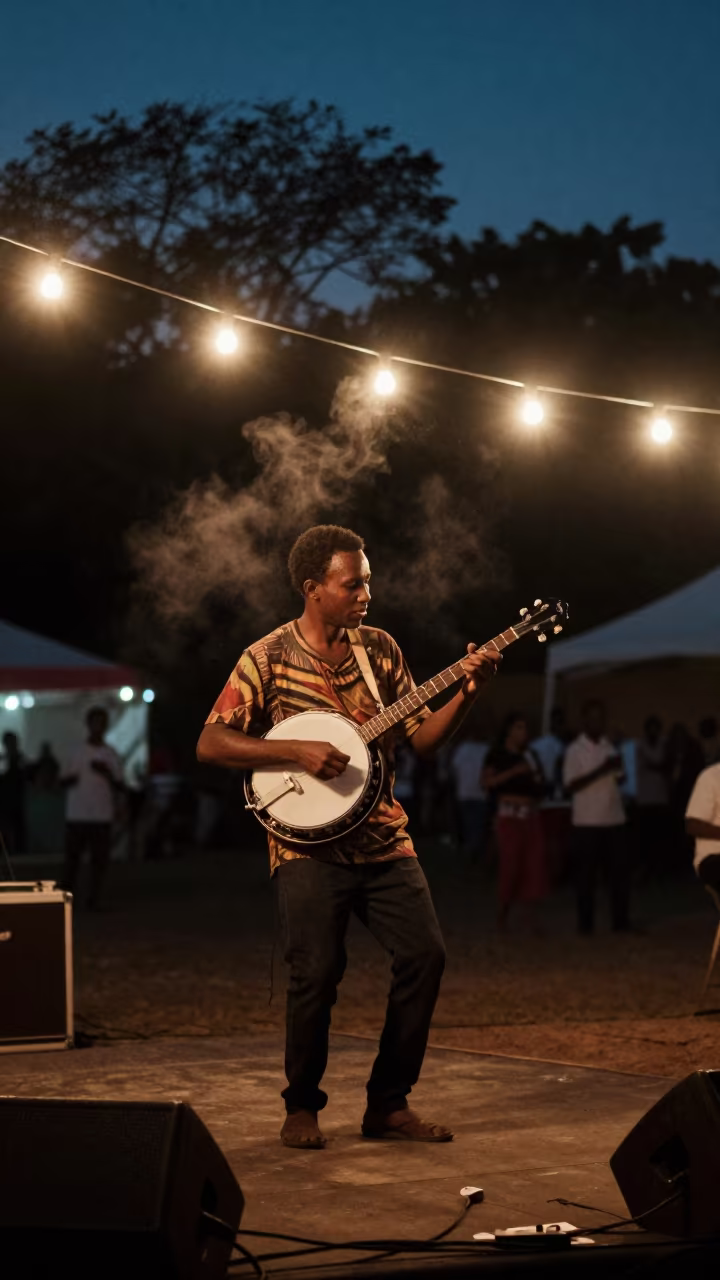 Banjo Picker on Libreville Stage at Predawn in on a dimly lit stage in Libreville