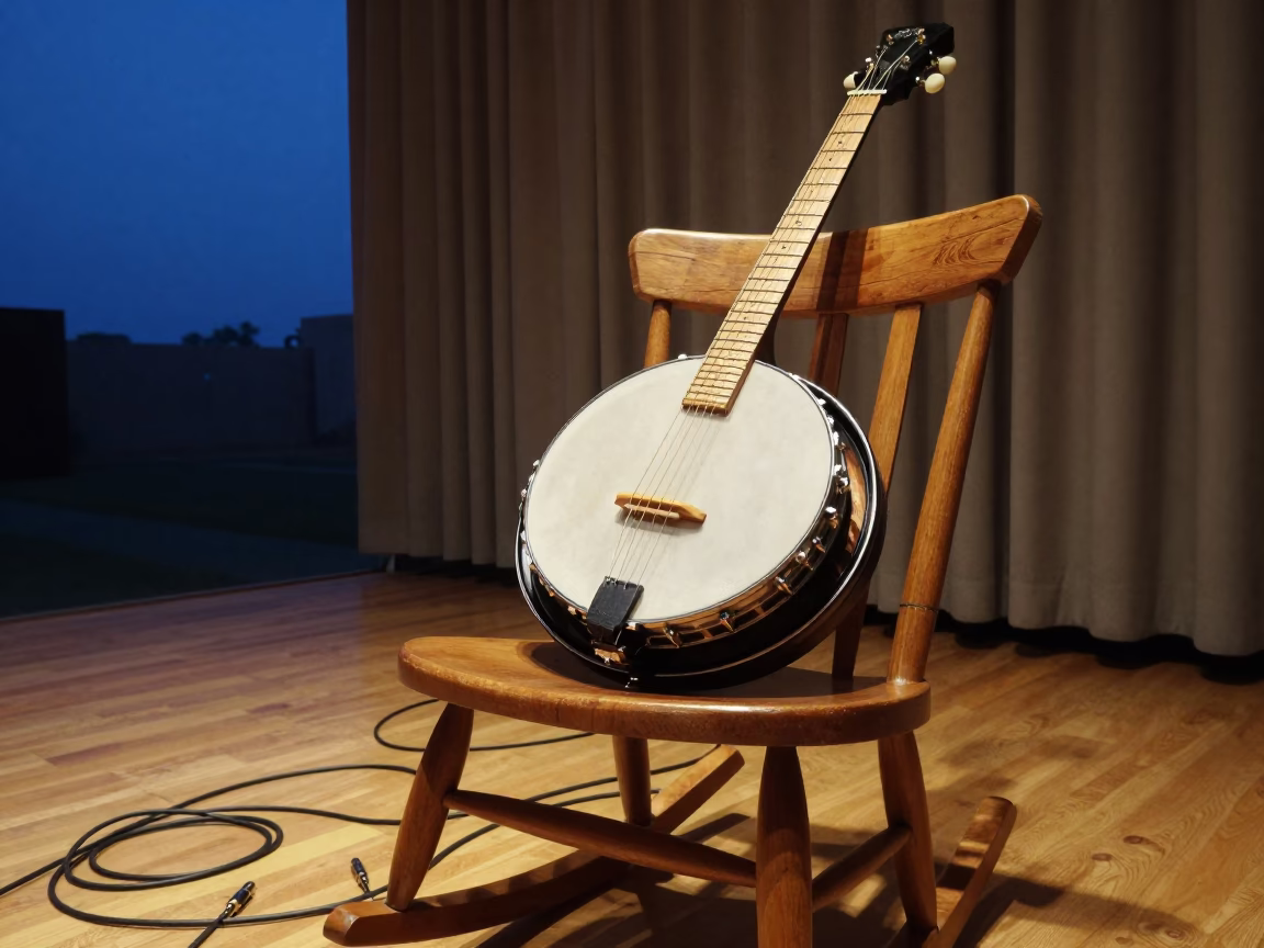 Banjo on Rocking Chair in Maroua Rehearsal in in a rehearsal room in Maroua
