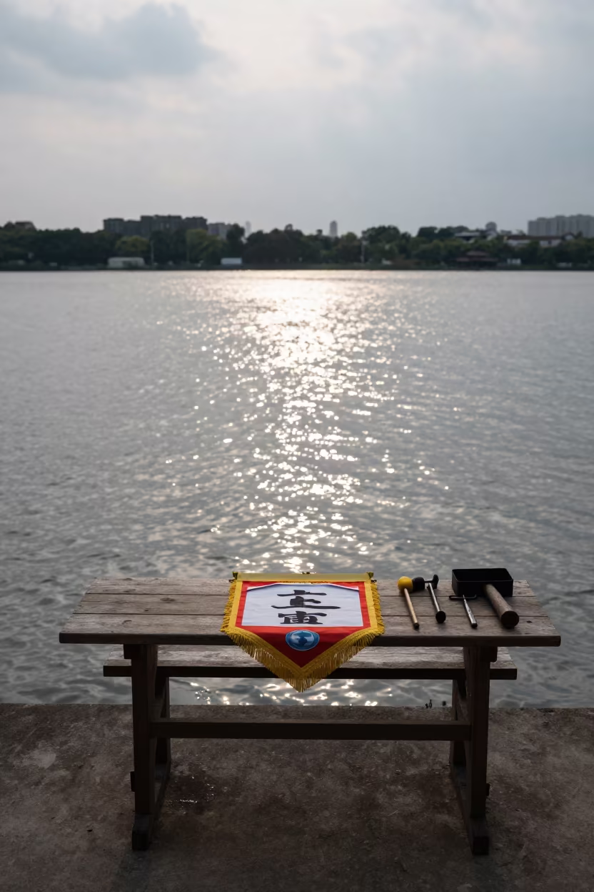 Banner Repair Bench Under Waterfront Stage Light in at a waterfront celebration in Nanjing