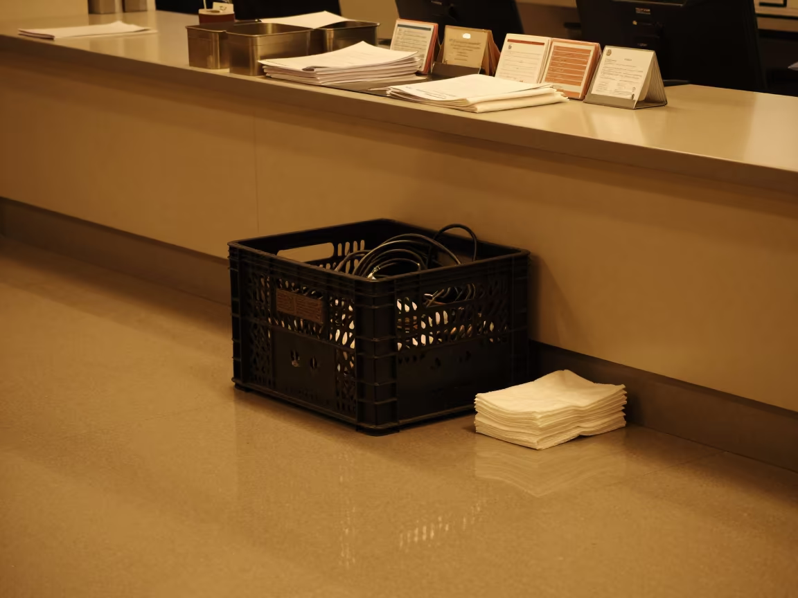 Banquet Cord Crate in Warm Lobby Light in at a reception desk under warm light near Medina
