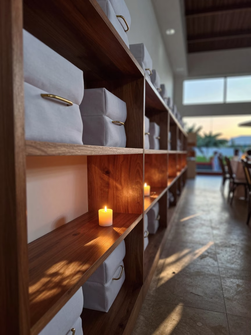 Banquet Hall Crib Linen Shelf Before Service in inside a banquet hall before service near Abidjan