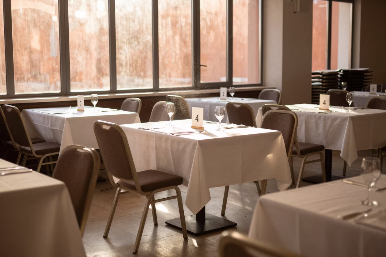 Banquet Hall Reset with Copper Light and Dust in inside a banquet hall before service in Tirana