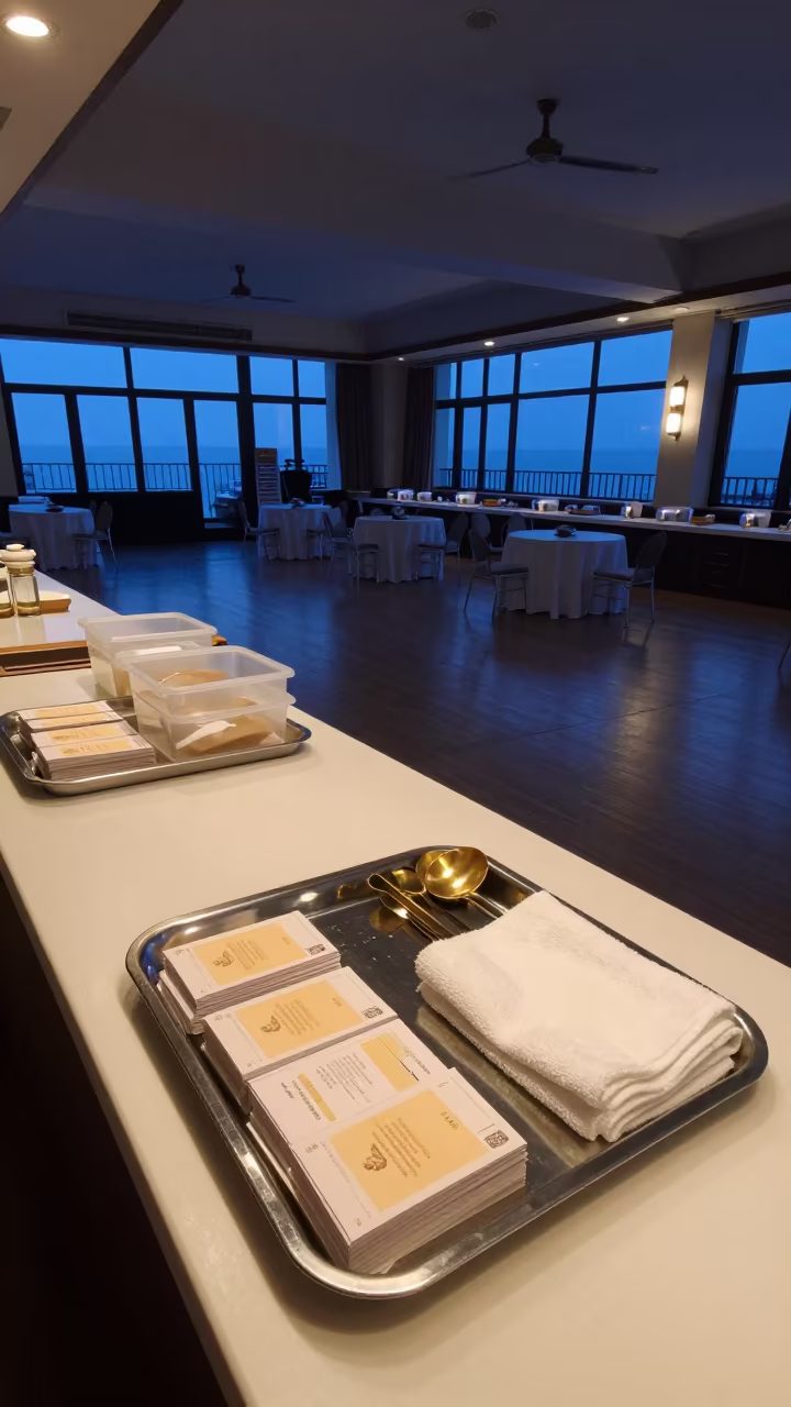 Banquet Hall Service Tray in Twilight in inside a banquet hall before service in Dalian