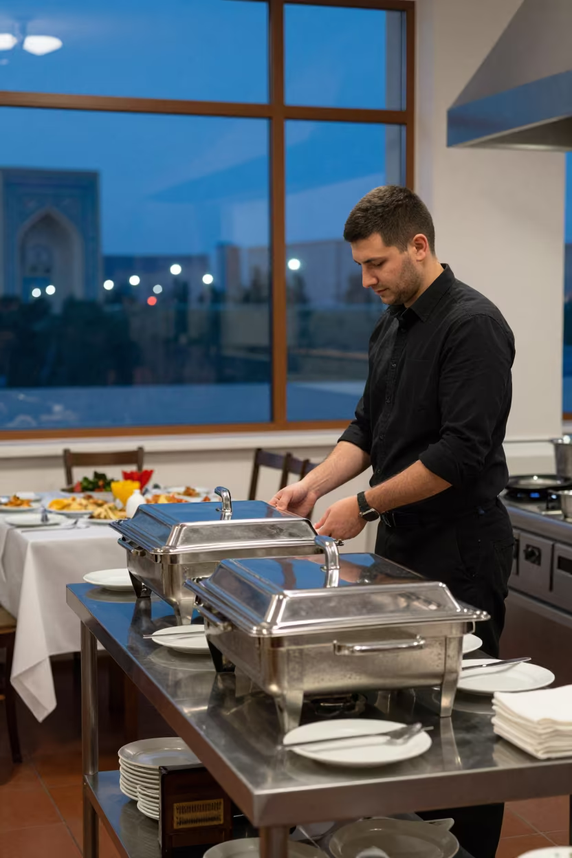 Banquet Kitchen Pass with Chafers Before Wedding in inside a breakfast room before opening near Tashkent