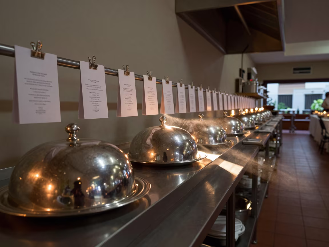 Banquet Kitchen Pass Heat Lamps Tickets in inside a banquet hall before service in Ciudad Bolívar