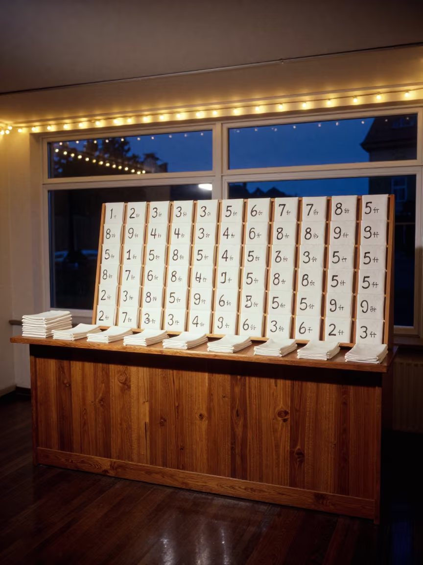 Banquet Linen Count Board Under Warm Light in at a reception desk under warm light in Magdeburg