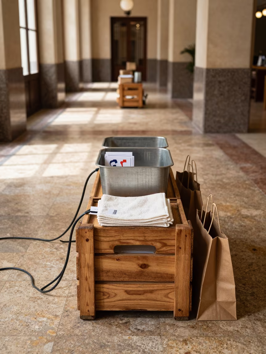 Banquet Prep Crate in Art Deco Casablanca Lobby in inside a banquet hall before service in Art Deco Downtown, Casablanca