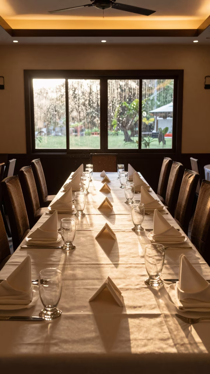 Banquet Room Tablescape with Place Cards and Monsoon Light in in a quiet guest corridor near Khulna
