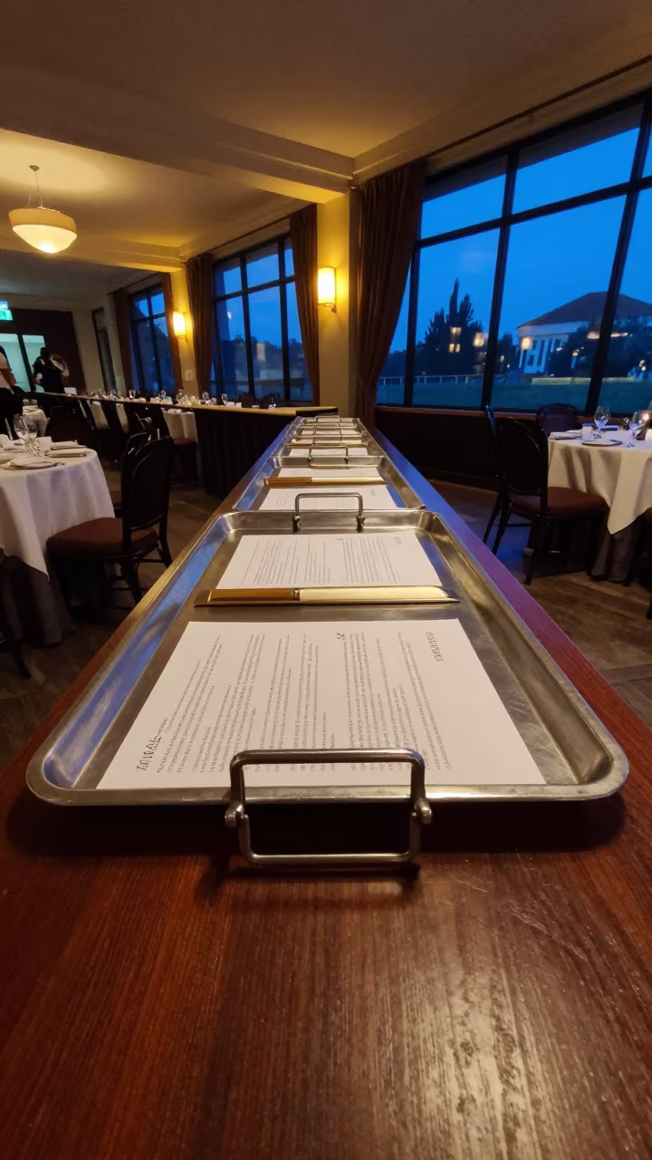 Banquet Stage Clamp Tray at Reception Desk in at a reception desk under warm light in Soweto
