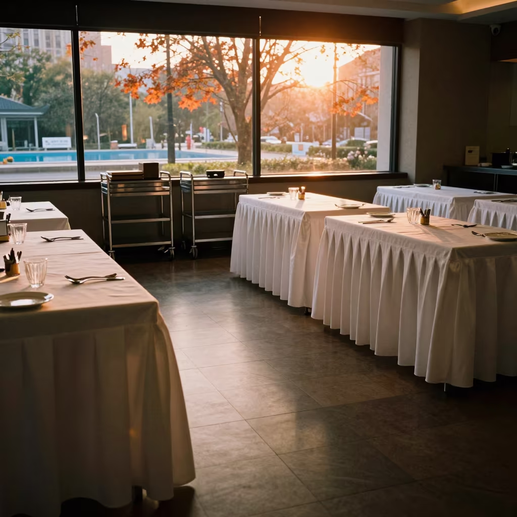 Banquet Stage Skirt Clamp Tray Before Opening in inside a breakfast room before opening in Shanghai