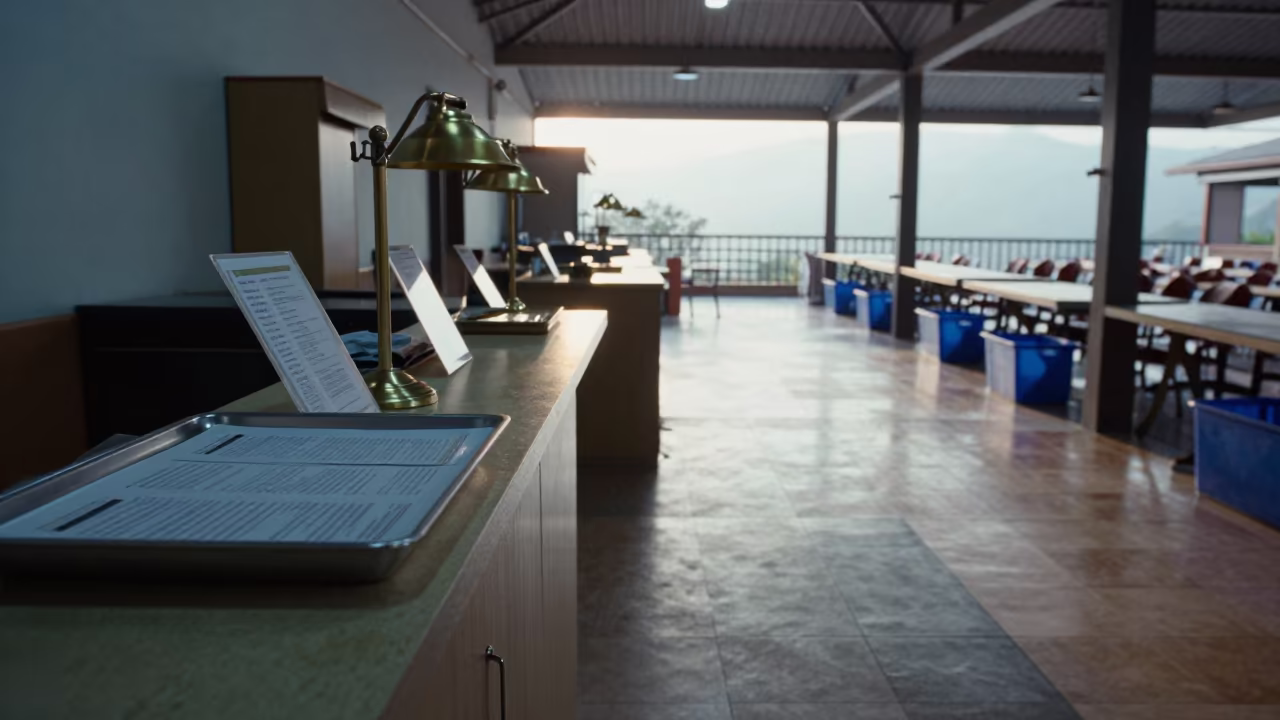 Banquet Walk Sheet Tray in Munnar Dawn Light in inside a banquet hall before service in Munnar