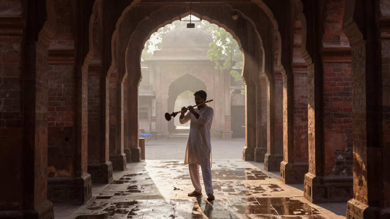 Bansuri Player Dawn Light Chandni Chowk Courtyard in inside a skylit passageway in Chandni Chowk, Delhi