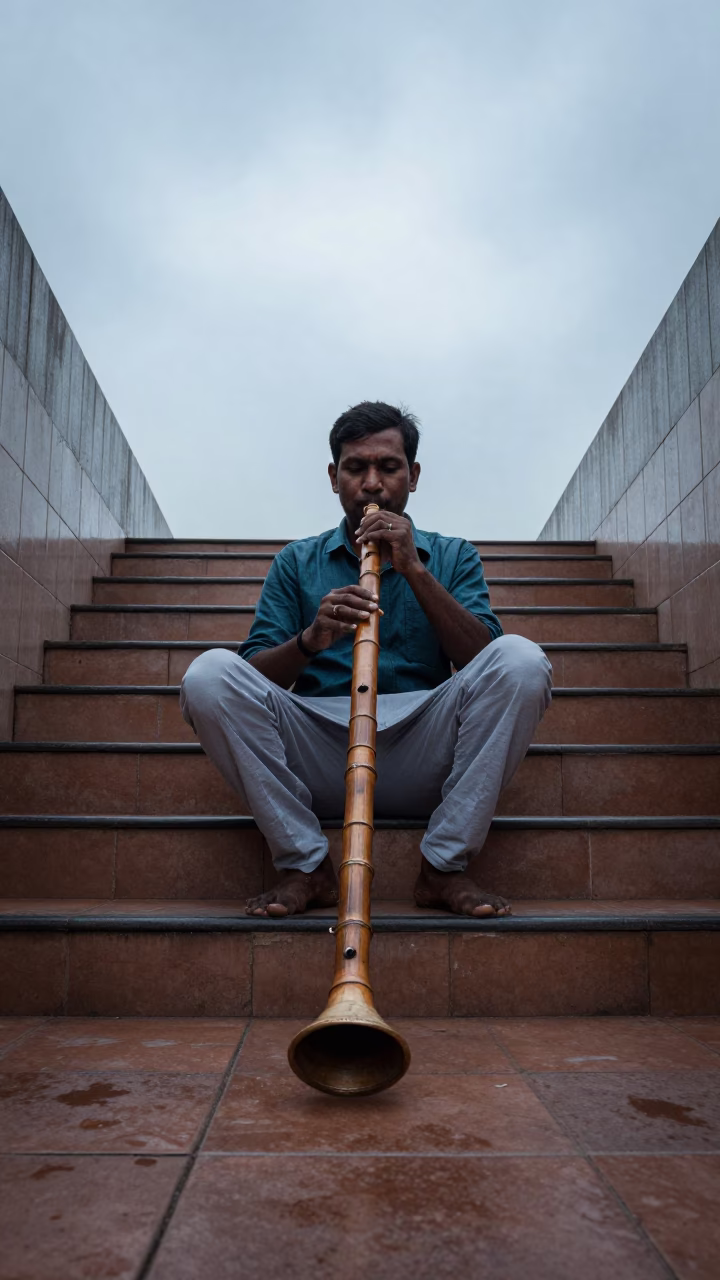 Bansuri Player in Kolkata Stair Hall at Dawn in inside a tiled stair hall in College Street, Kolkata