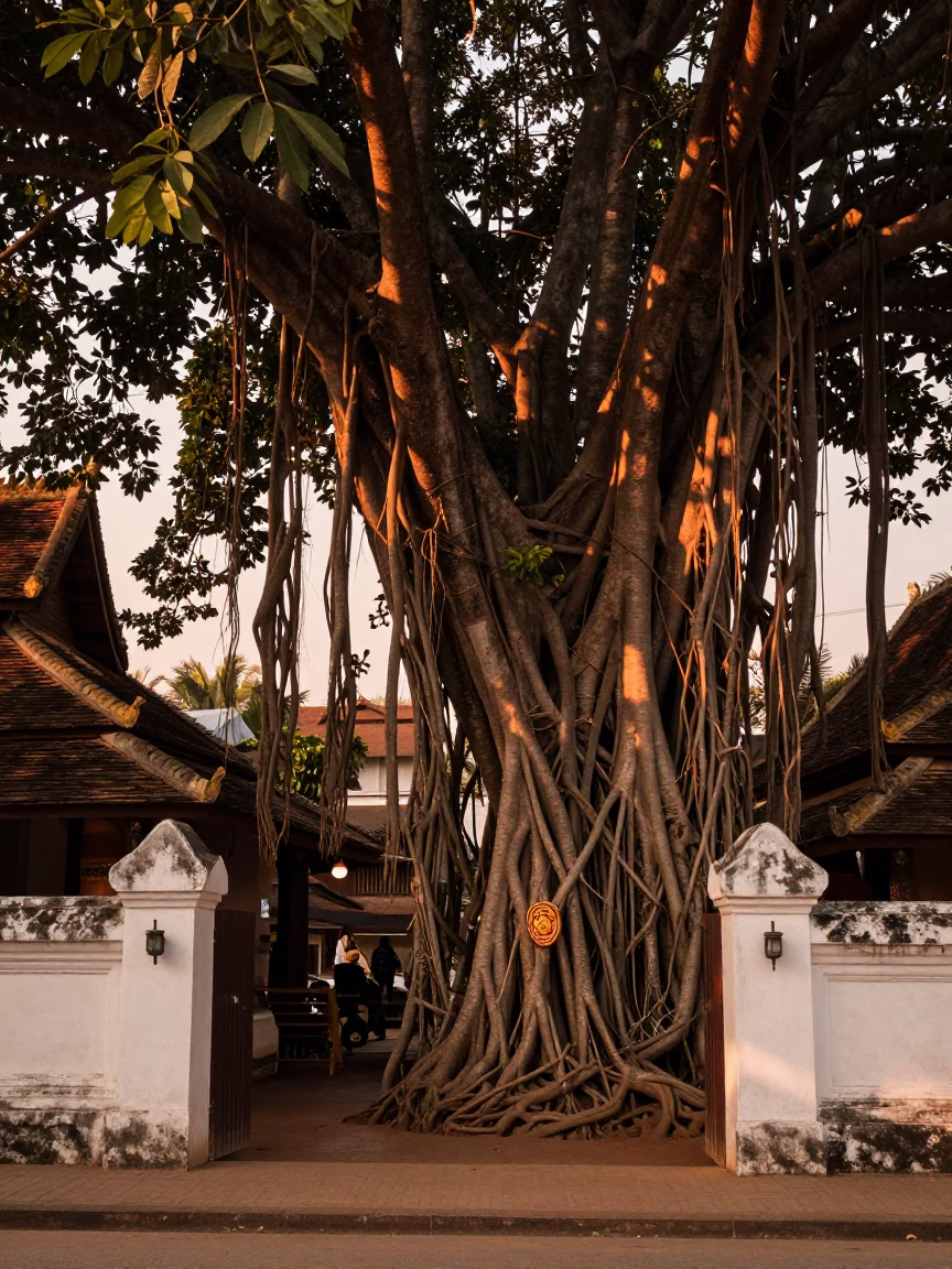 Banyan Grove Aerial Roots and Gate Handle in Luang Prabang Laos Before Dusk in in Luang Prabang, Laos