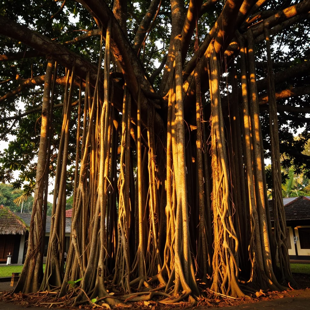 Banyan Grove Aerial Roots Pillars Honeyed Evening Light Denpasar Indonesia Street Scene in in Denpasar, Indonesia