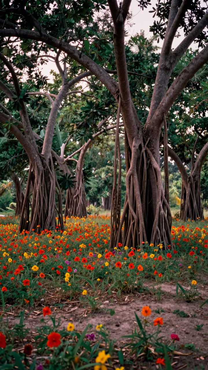 Banyan Grove Aerial Roots Pillars Meadow in in a bloom-heavy meadow in Maldives