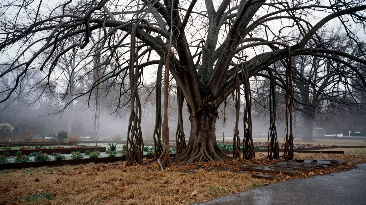 Banyan Grove Silhouetted in Winter Light in among terraced garden plots near Minneapolis