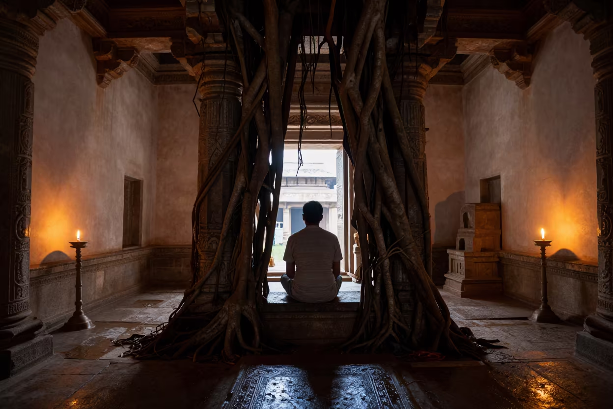 Banyan Roots Gripe Stone Temple Ruin Ujjain in inside a candlelit nave in Ujjain