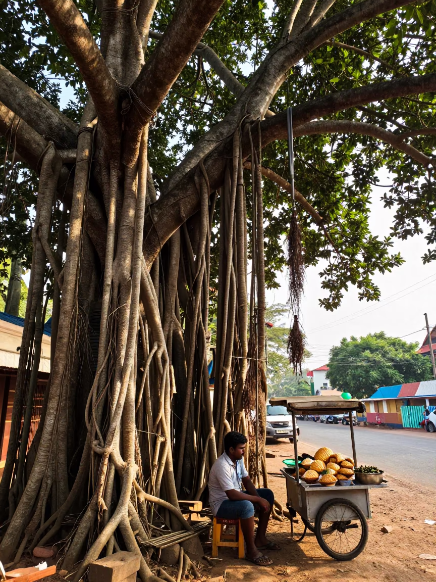 Banyan Tree Aerial Roots and Street Vendor Muffin Tin in Kochi India Early Afternoon in in Kochi, India