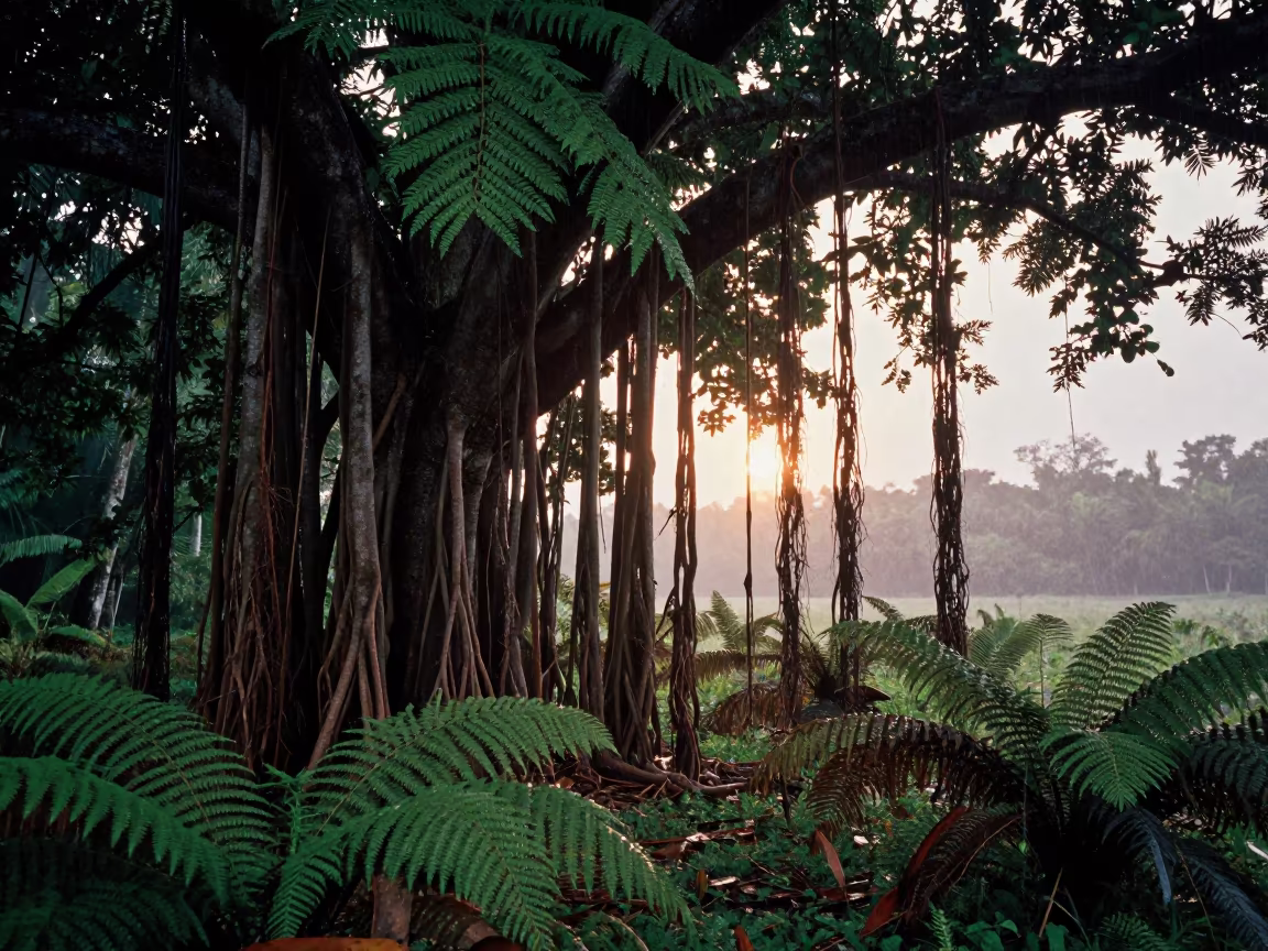 Banyan Tree Aerial Roots Mauritius Rainy Season in on a fern-lined forest floor in Mauritius