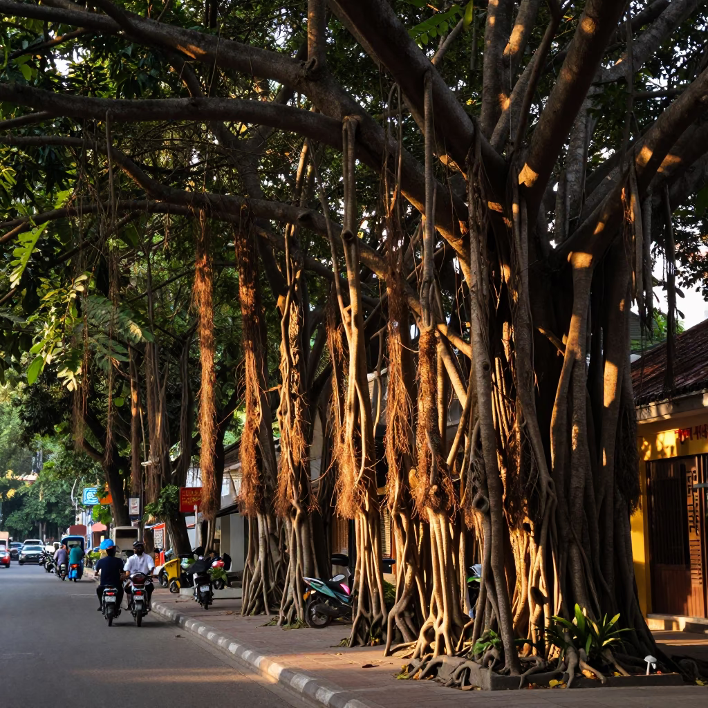 Banyan tree aerial roots sunset street life Ho Chi Minh City Vietnam in in Ho Chi Minh City, Vietnam
