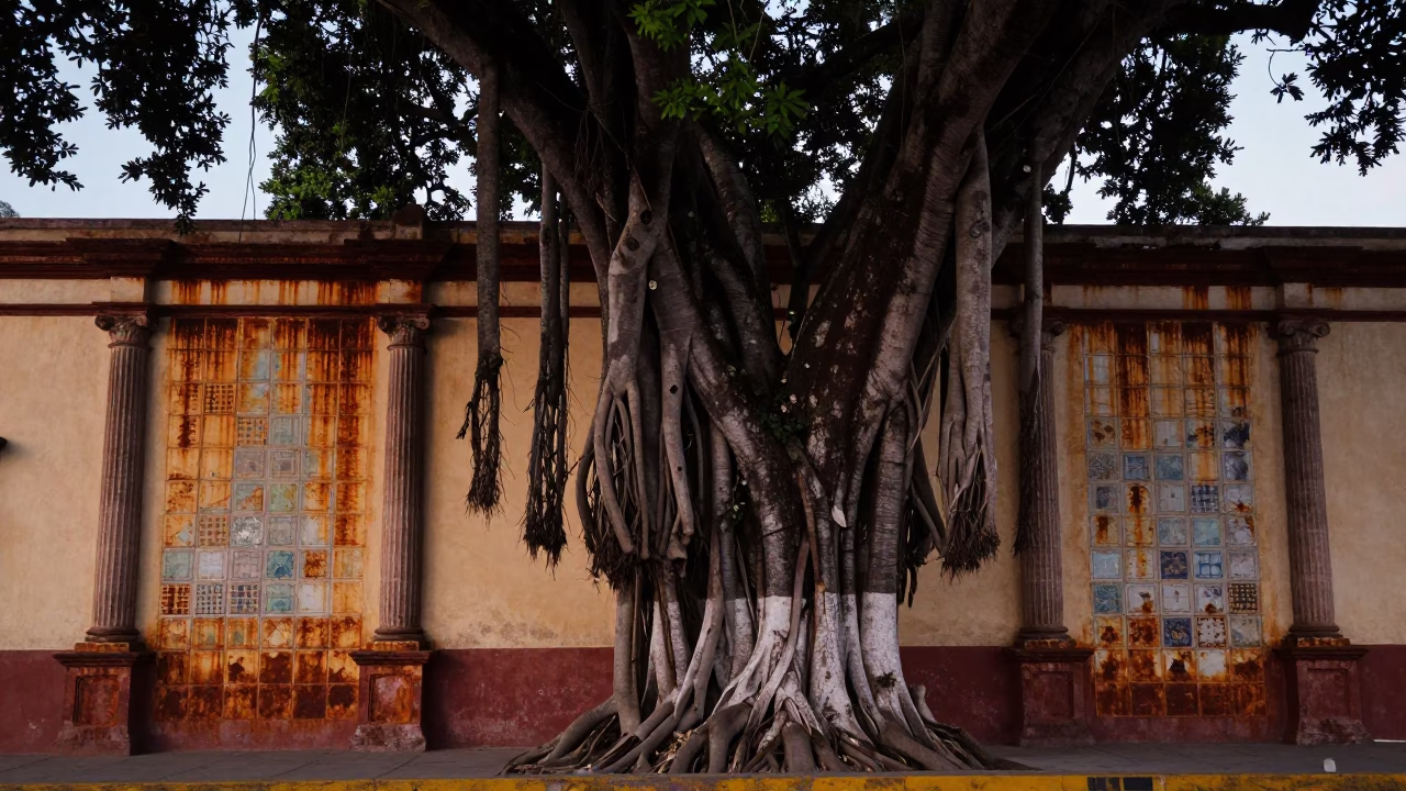 Banyan Tree Columns and Rusting Tiles in Merida Mexico Early Evening Street Scene in in Merida, Mexico
