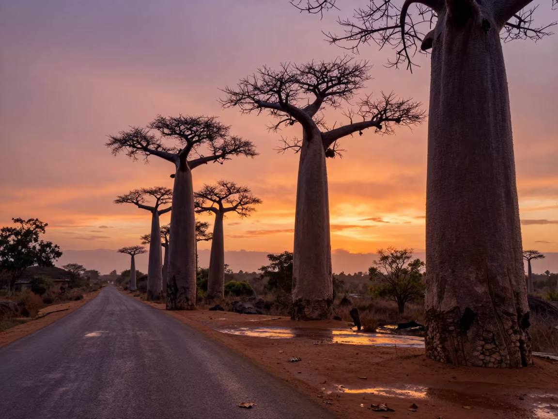 Baobab Avenue Sunset Madagascar Cliff Road in along a salt-sprayed cliff edge near Antananarivo