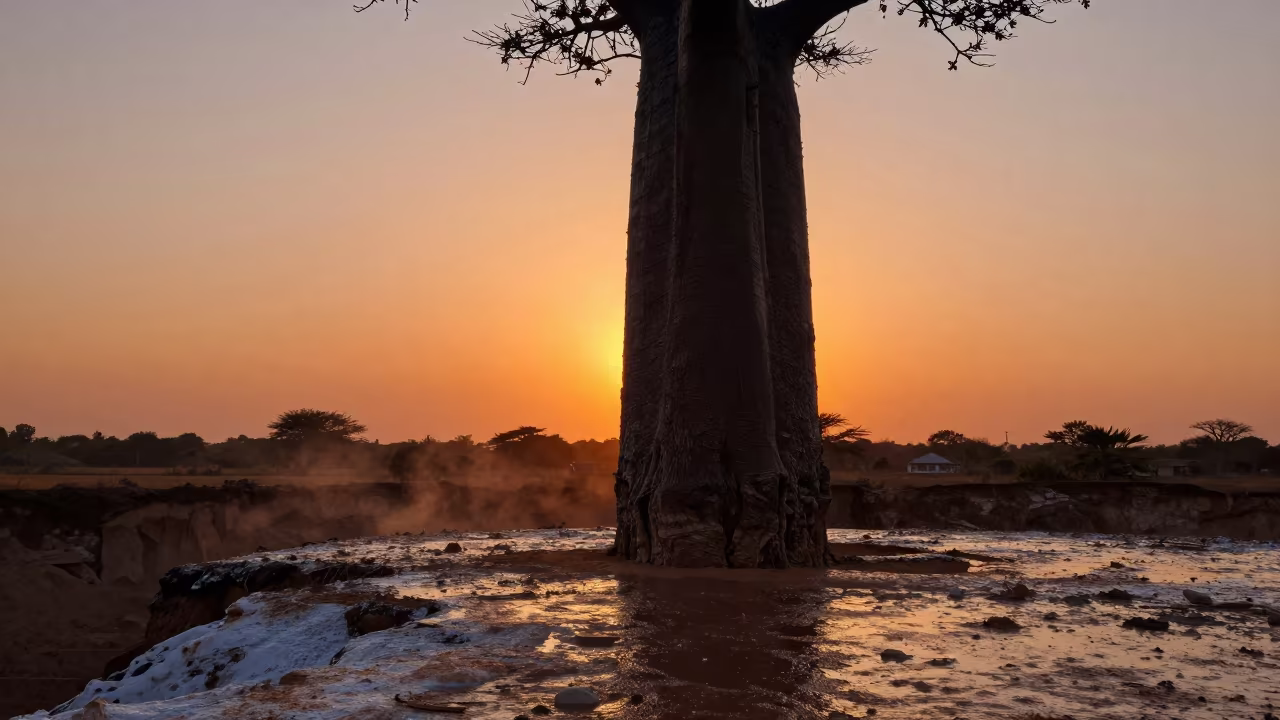 Baobab Tree Silhouette Against Orange Sunset Sky in along a salt-sprayed cliff edge near Singapore