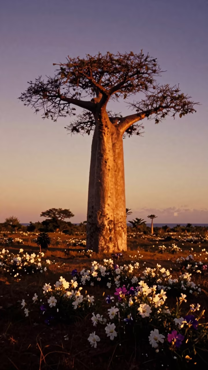 Baobab Tree Sunset in Jamaican Bloom Meadow in in a bloom-heavy meadow in Jamaica