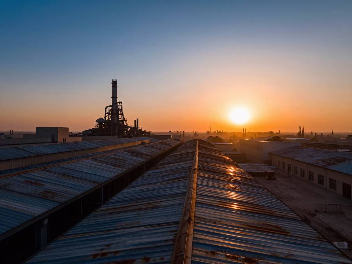 Baqubah Factory Roof Sawtooth Skylights Sunset in beside a blast furnace near Baqubah