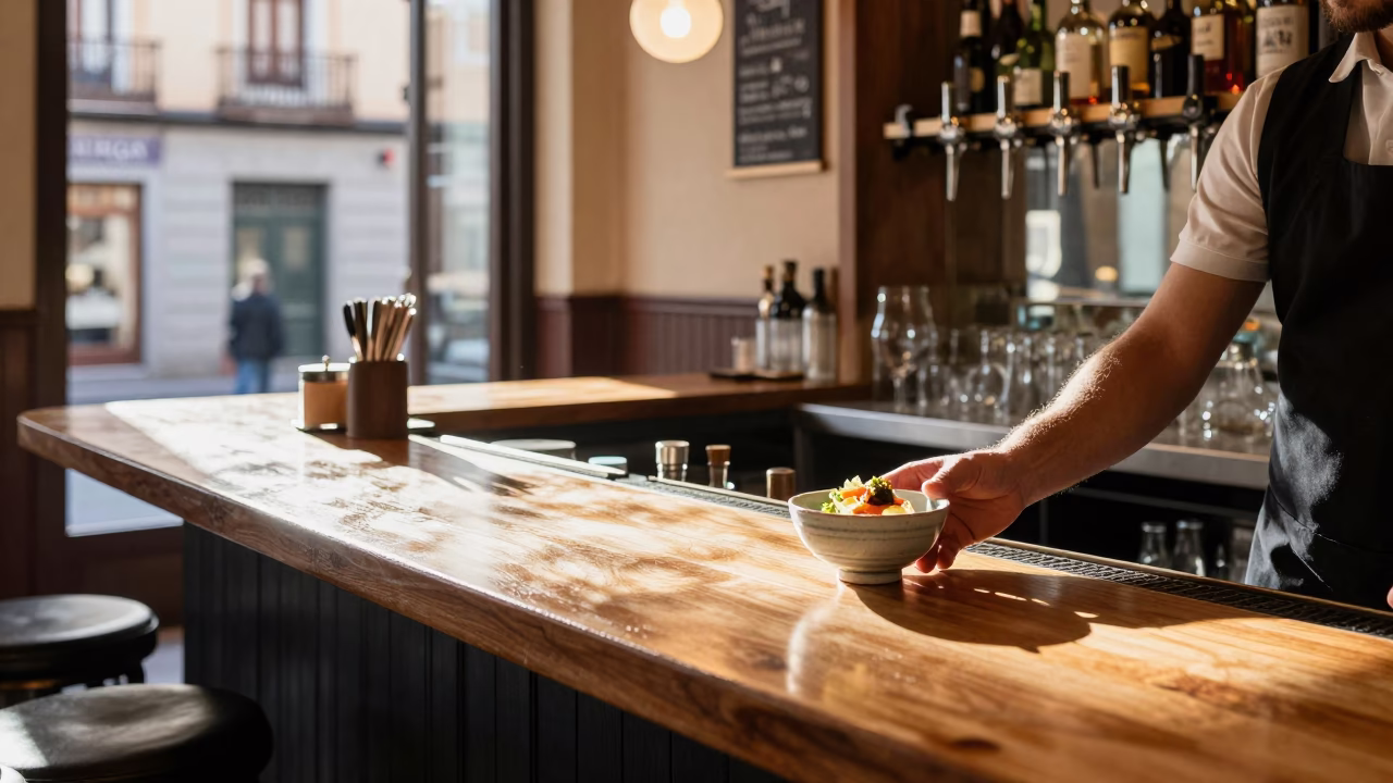 Bar Counter in Madrid at The Early Afternoon Light in in Madrid, Spain