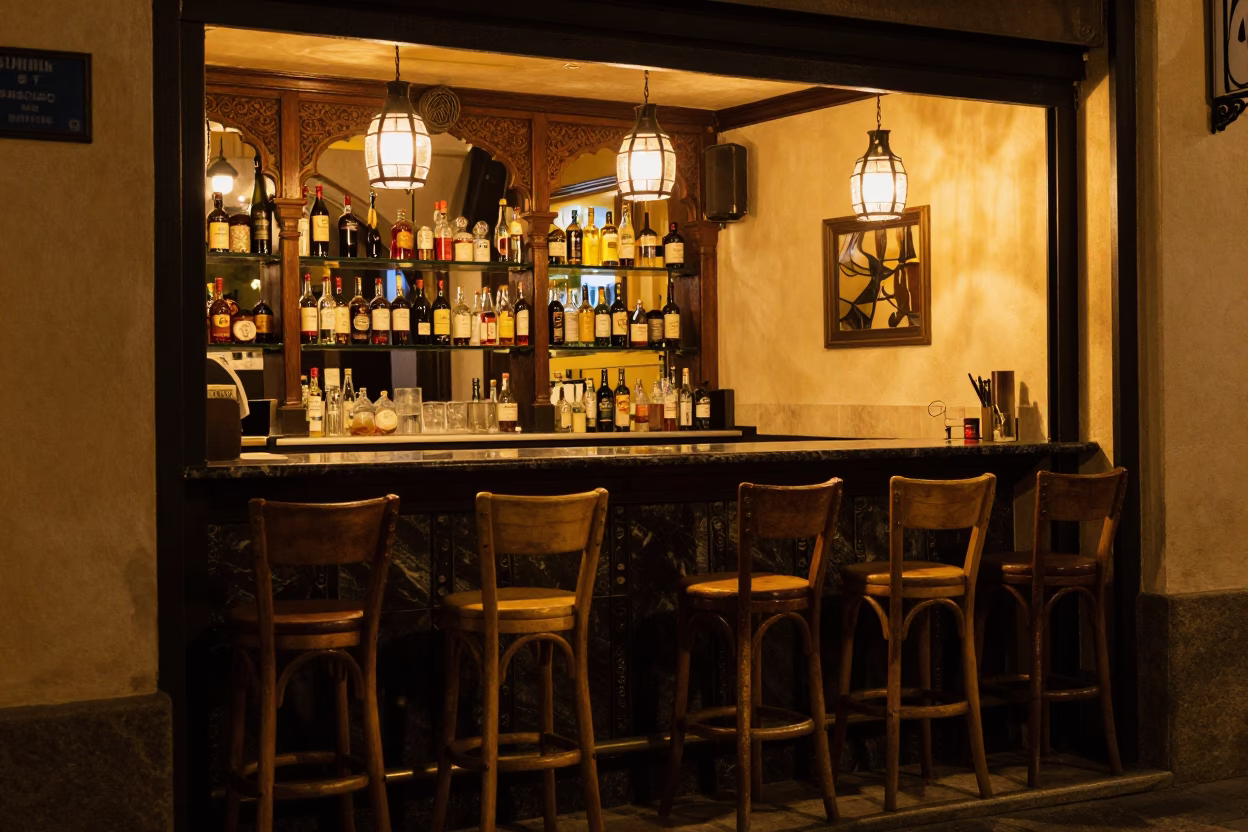 Bar Interior at Deep In The Night Light in Granada in in Granada, Spain