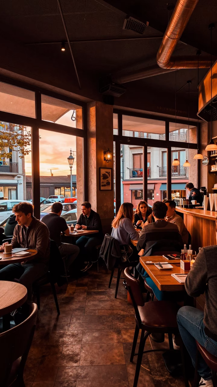 Bar Interior in Bilbao at Copper-toned Light Before Dusk in in Bilbao, Spain