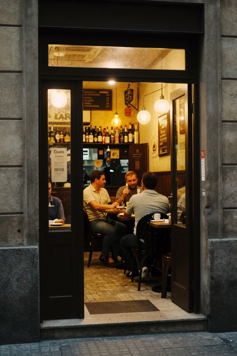 Bar Scene in Barcelona at As City Lights Begin To Glow in in Barcelona, Spain