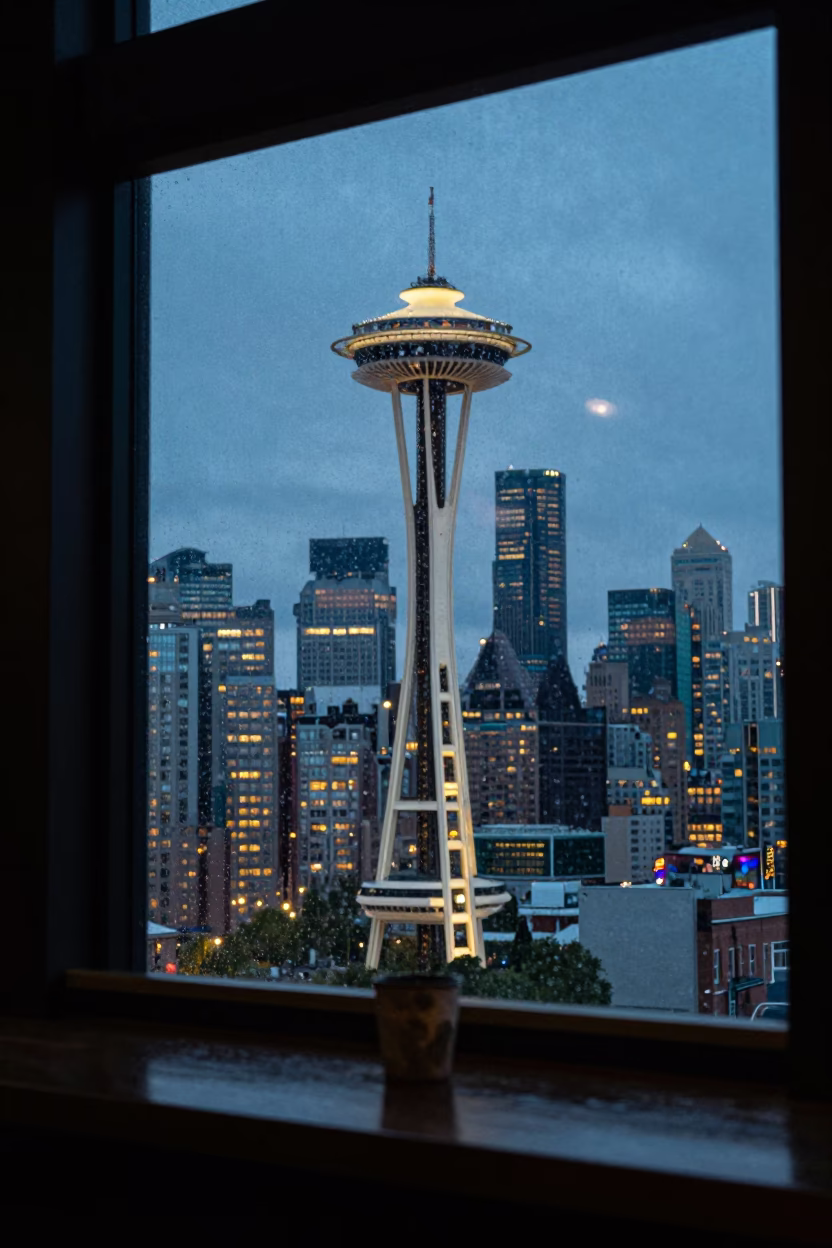 Bar Window in Seattle at As City Lights Begin To Glow in in Seattle, Washington, United States