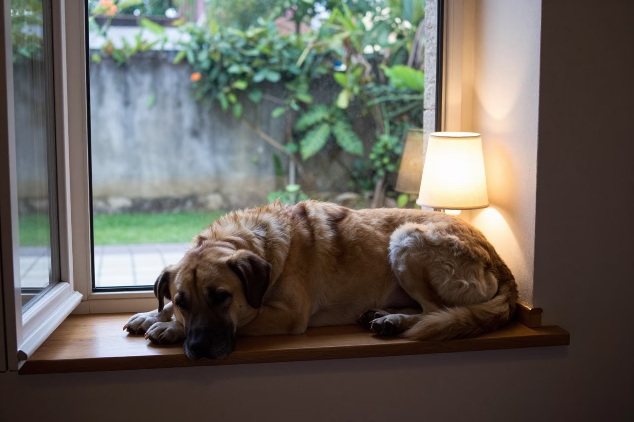 Barbado da Terceira Dog on Window Seat in Kinshasa in on a window seat in a quiet apartment with soft side light in Kinshasa