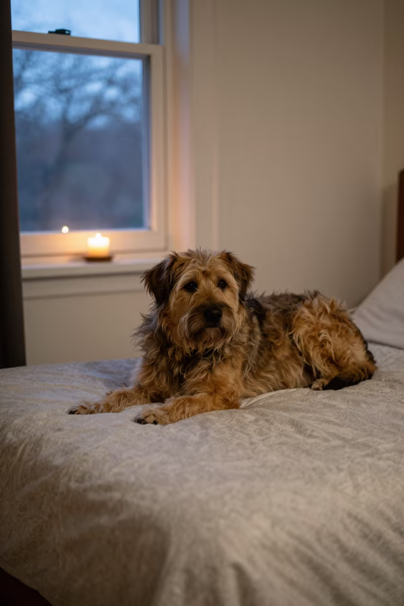 Barbado da Terceira Dog Resting on Bedspread in on a bedspread near a bright window with calm indoor light near Hafizabad
