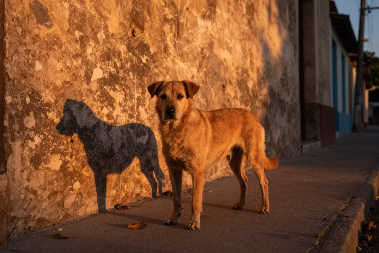 Barbado da Terceira on Holguin Path at Sunset in beside a plain courtyard wall in clear daylight with the animal at eye level near Holguin