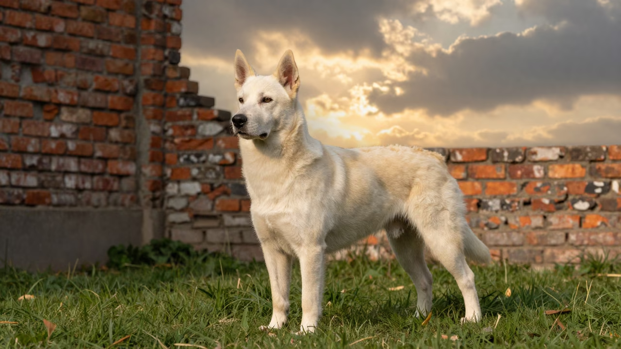 Barbado da Terceira Portrait in Chengdu Yard in in a small yard with clipped grass, calm light, and the animal centered in frame in Yulin, Chengdu