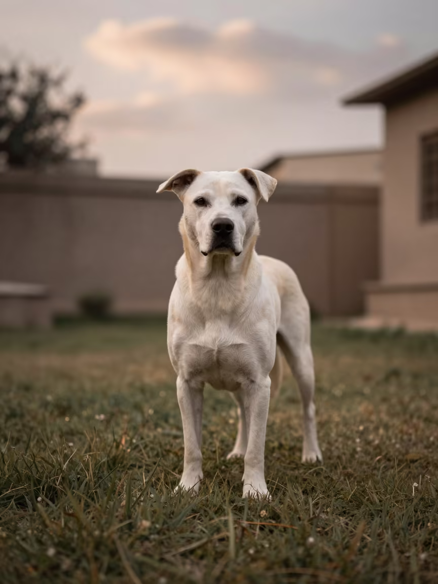 Barbado da Terceira Portrait in Mirpur Khas Yard in in a small yard with clipped grass, calm light, and the animal centered in frame near Mirpur Khas