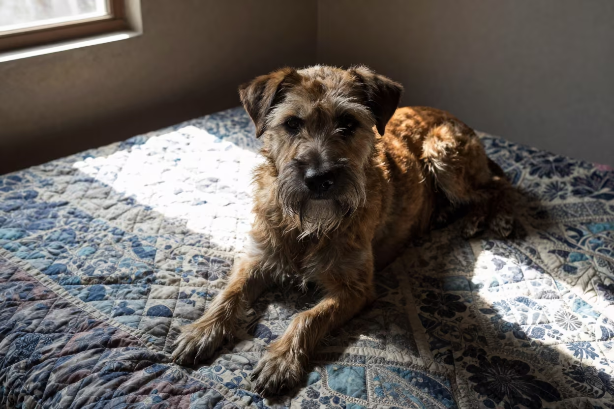 Barbado da Terceira Resting on Bedspread Near Window in on a bedspread near a bright window with calm indoor light near Lashio