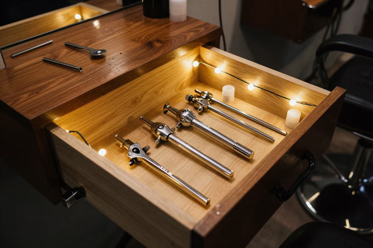Barber Backbar Pump Keys Night Reset Adelaide in at a barber station beneath mirror bulbs in Adelaide