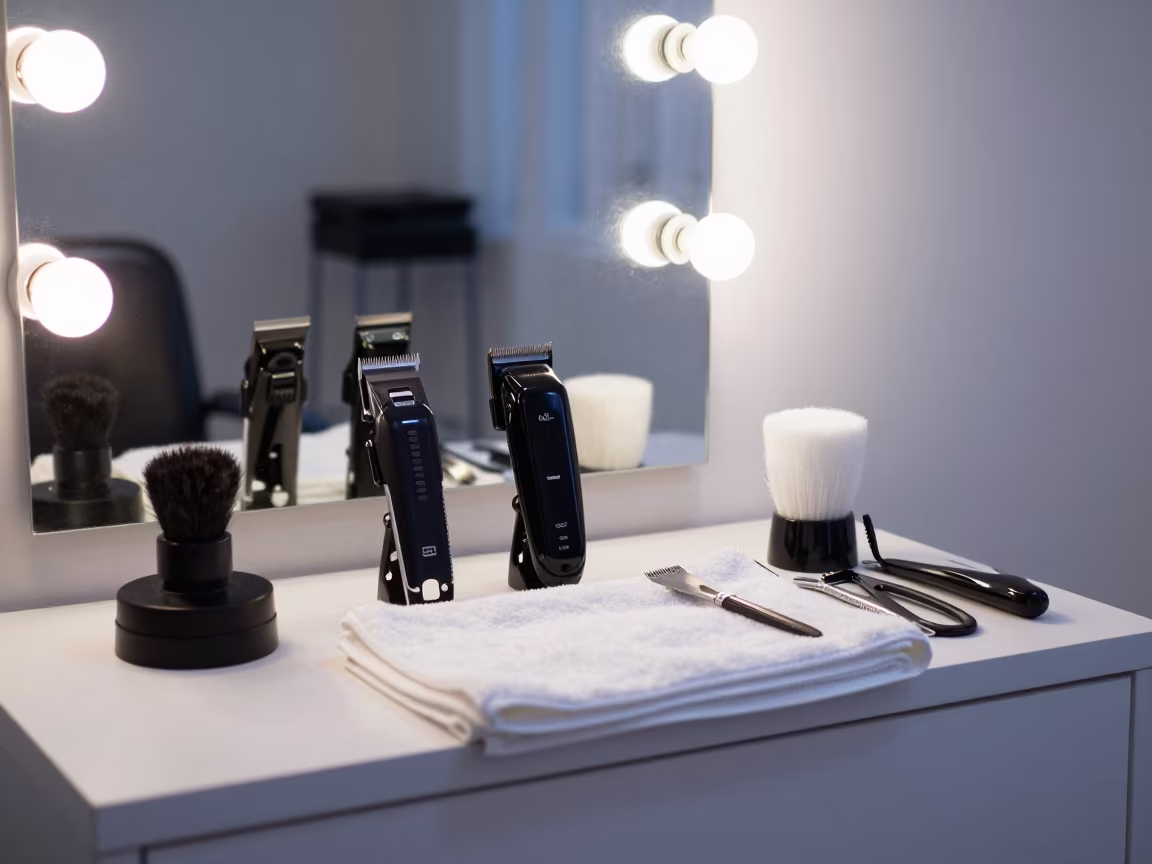 Barber Bay Tools Under Mirror Bulbs in El Alto in at a barber station beneath mirror bulbs in El Alto
