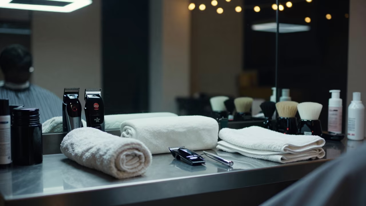 Barber Bay Tools Under Night String Lights in inside a nail studio in Doha