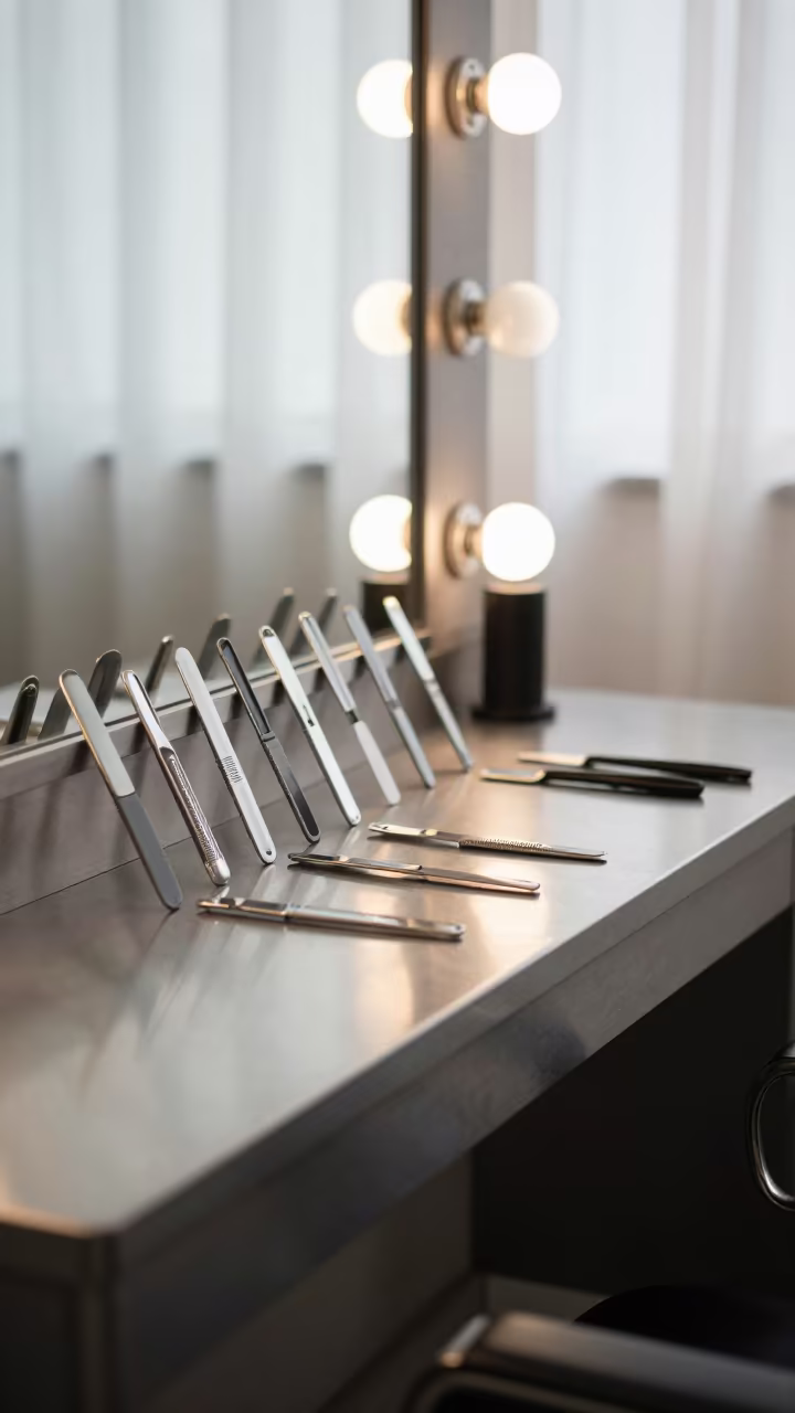 Barber Blade Bank Under Salon Light in at a barber station beneath mirror bulbs in Nanchang