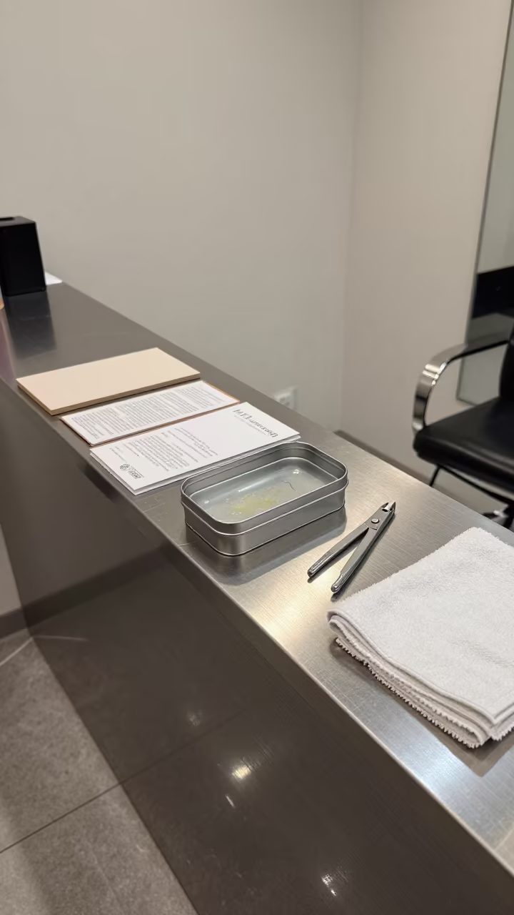 Barber Cape Snap Repair Tin on Salon Counter in at a salon reception counter near Tainan