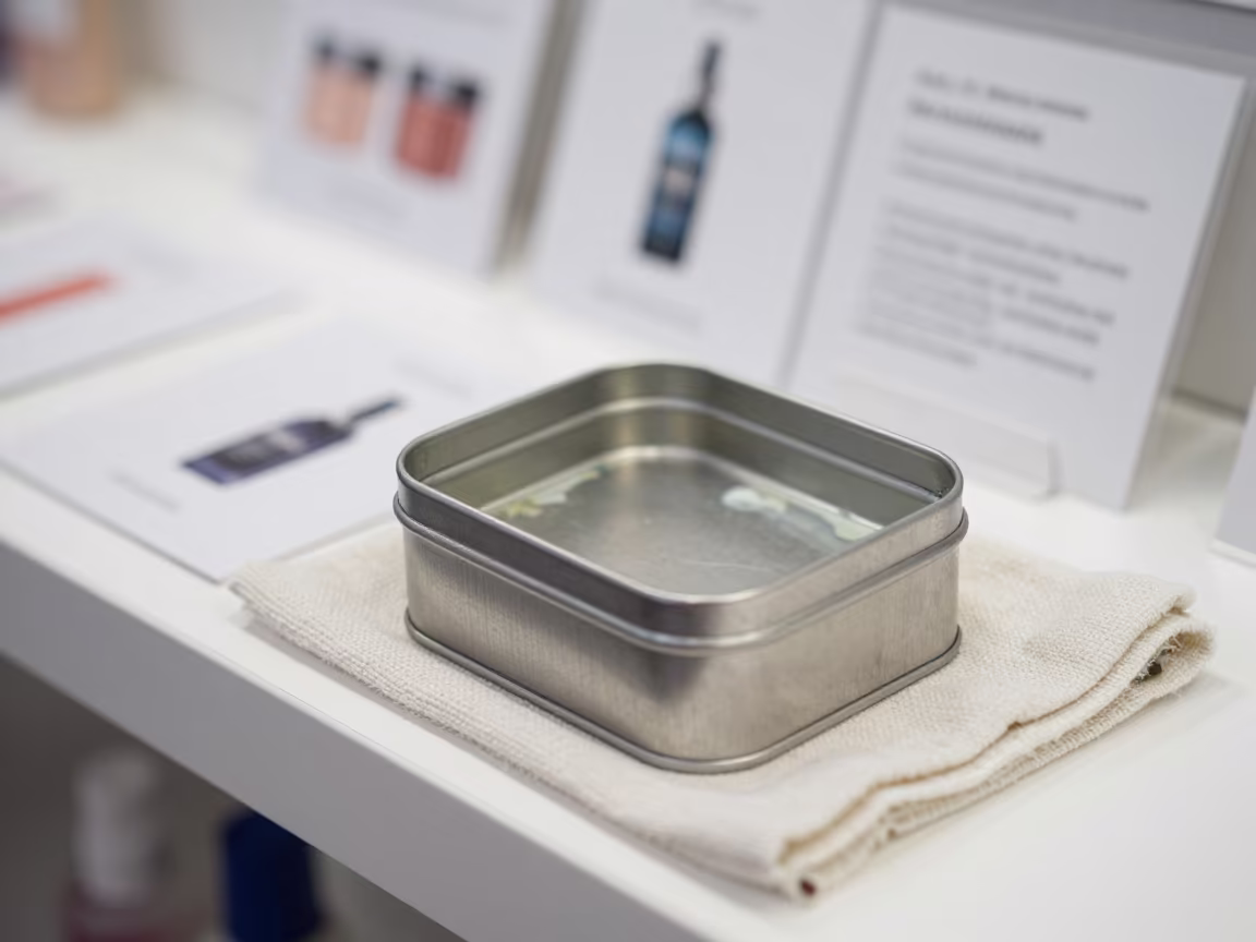 Barber Cape Tin with Residue on Terry Cloth in in a beauty supply area under white LEDs in Avellaneda
