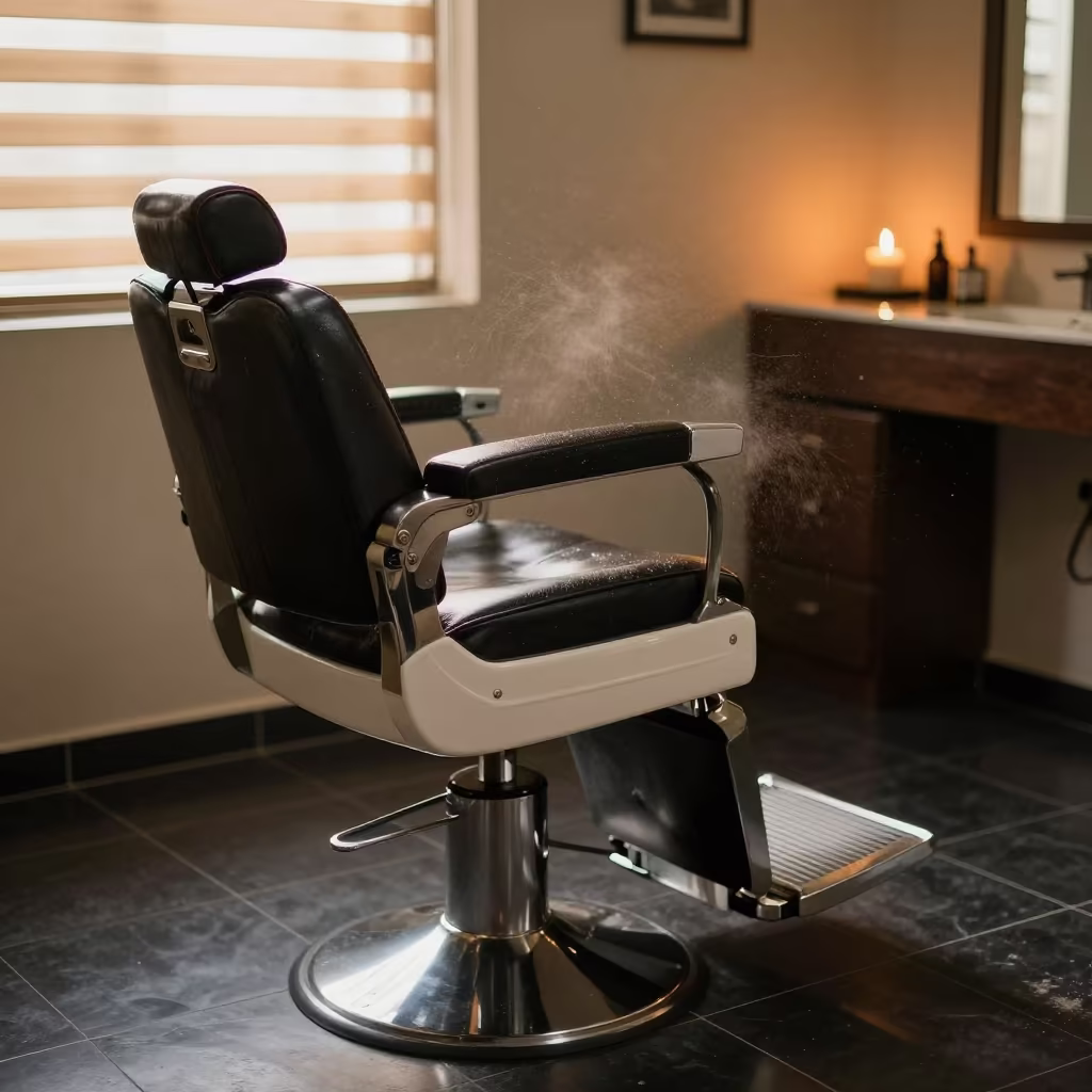 Barber Chair Hair Clippings Under Striped Light in inside a skincare treatment room in Ouahigouya